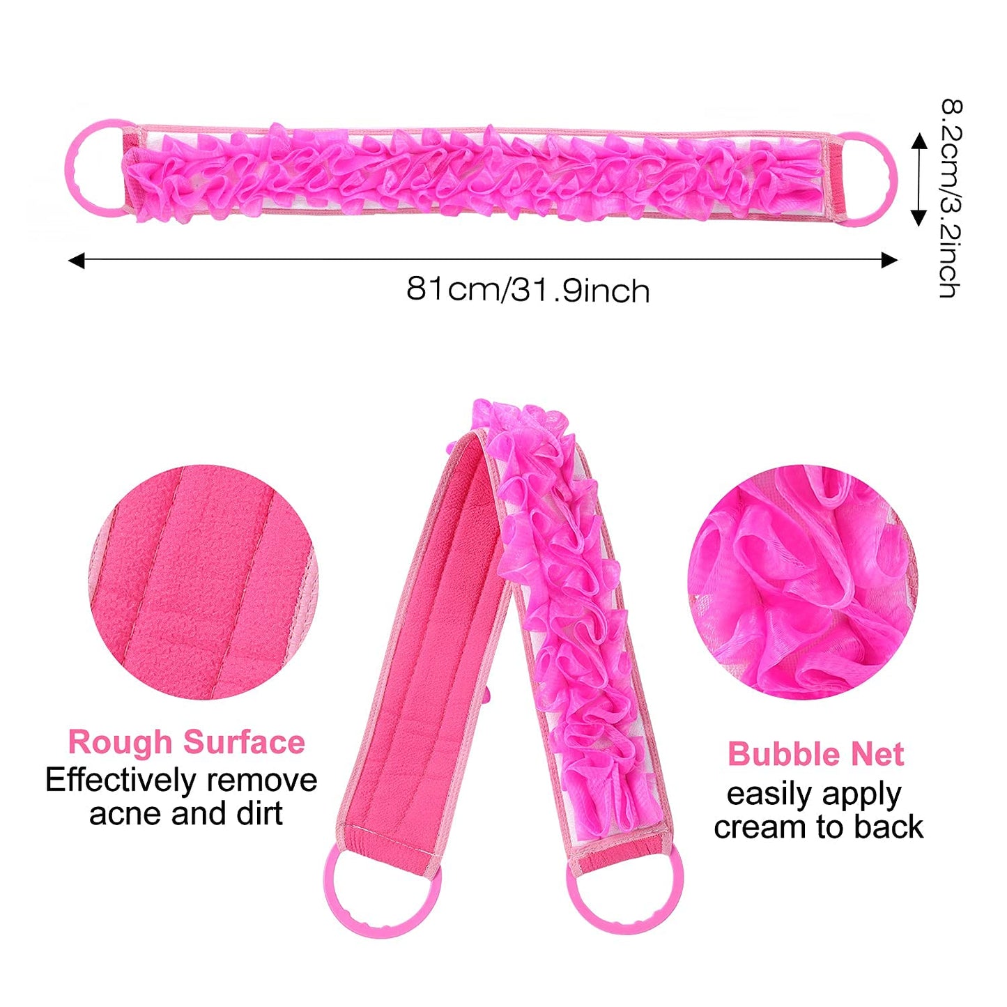 3 PACK Double-Sided Lace Cloth Back Loofah Scrubber Bath Scrub Shower Sponge Long Exfoliating Back Scrubber Scratcher Strap With Handle, Cream Skin