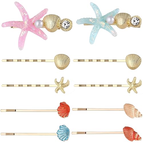 HINZIC 10 Pack Mermaid Starfish Hair Clips, Seashell Pearls Crystal Hair Sticks, Sparkling Sea Star Bobby Pins Ponytail Holder, Faux Wedding Headpiece