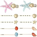 HINZIC 10 Pack Mermaid Starfish Hair Clips, Seashell Pearls Crystal Hair Sticks, Sparkling Sea Star Bobby Pins Ponytail Holder, Faux Wedding Headpiece