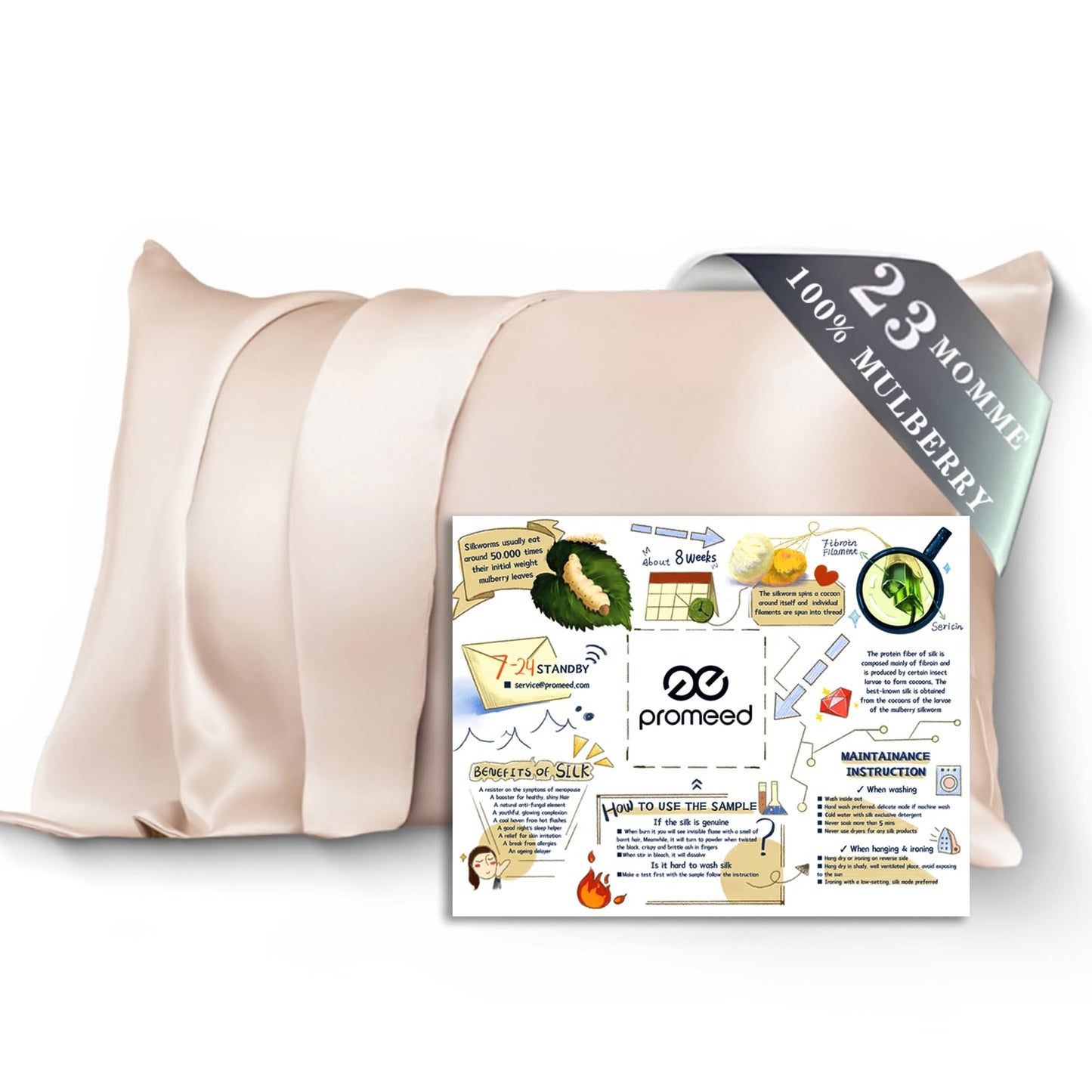 PROMEED 100% Mulberry Silk Pillowcase for Hair and Skin, Both Sides 23 Momme Grade 6A+ Silk Pillow Case with Hidden Zipper, 1400 TC, Soft & Smooth