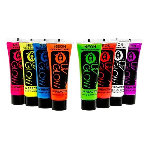 Uv Glow Blacklight Face and Body Paint 0.34oz - Set of 8 Tubes - Neon Fluorescent (All Colours)