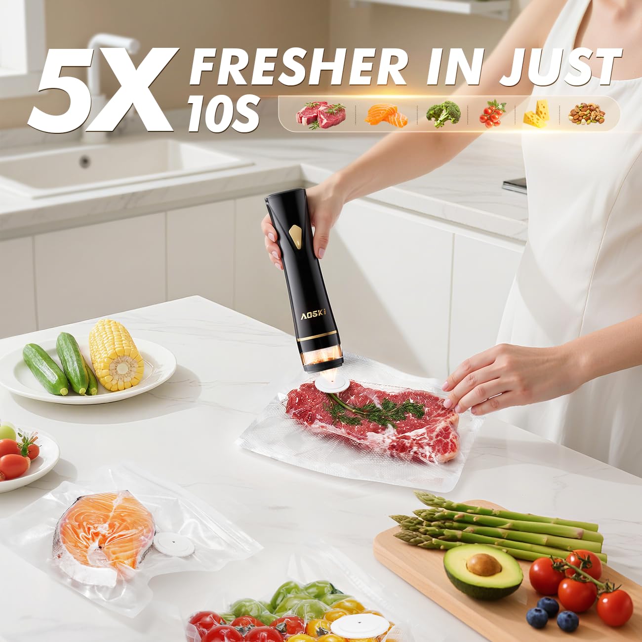 Vacuum Sealer Machine for Food Storage: Compact Food Sealer Saver 5X Fresh Longer, Handheld Detachable Water Tank, 10 PCS Vacuum Seal Bags…