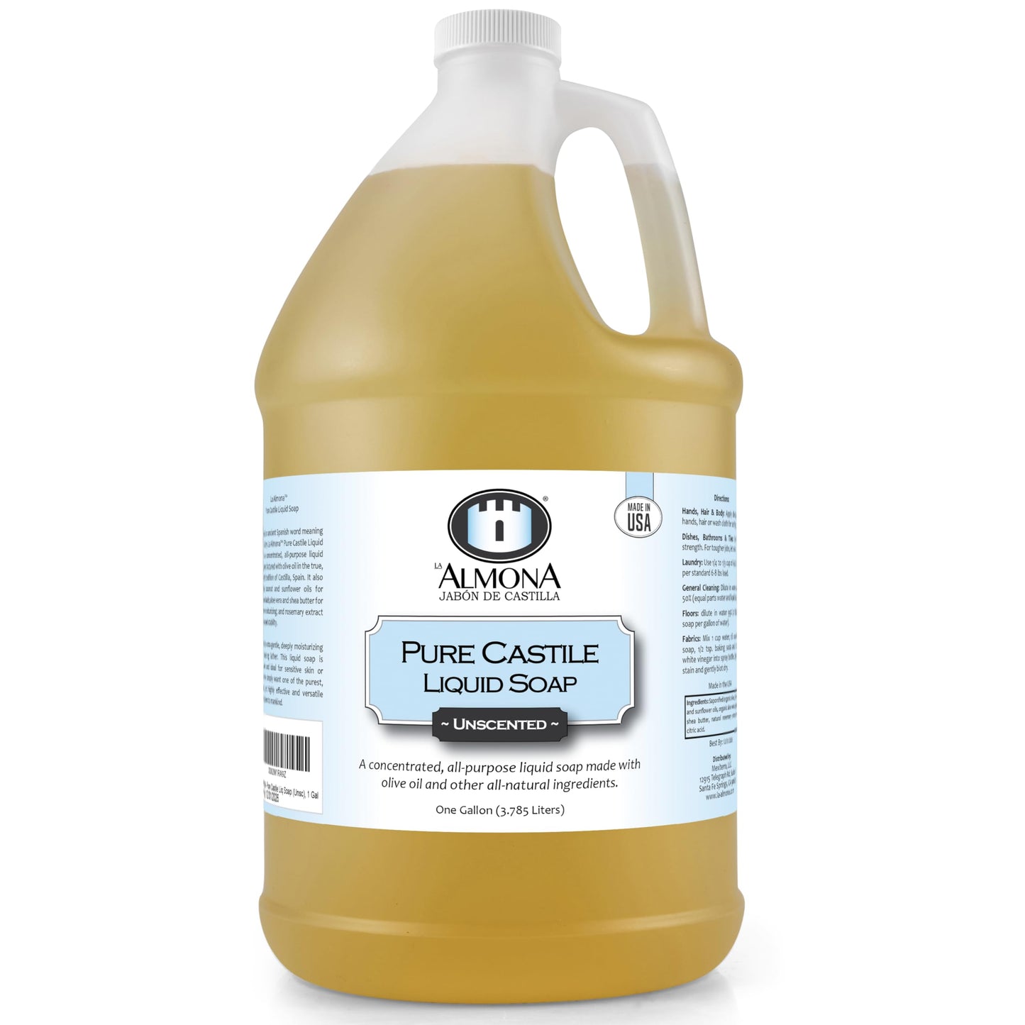 La Almona - Pure Castile Liquid Soap, UNSCENTED, 1 Gallon - Multipurpose: Hands, Face, Body, Laundry, Dishes & More - For Sensitive Skin, All-Natural