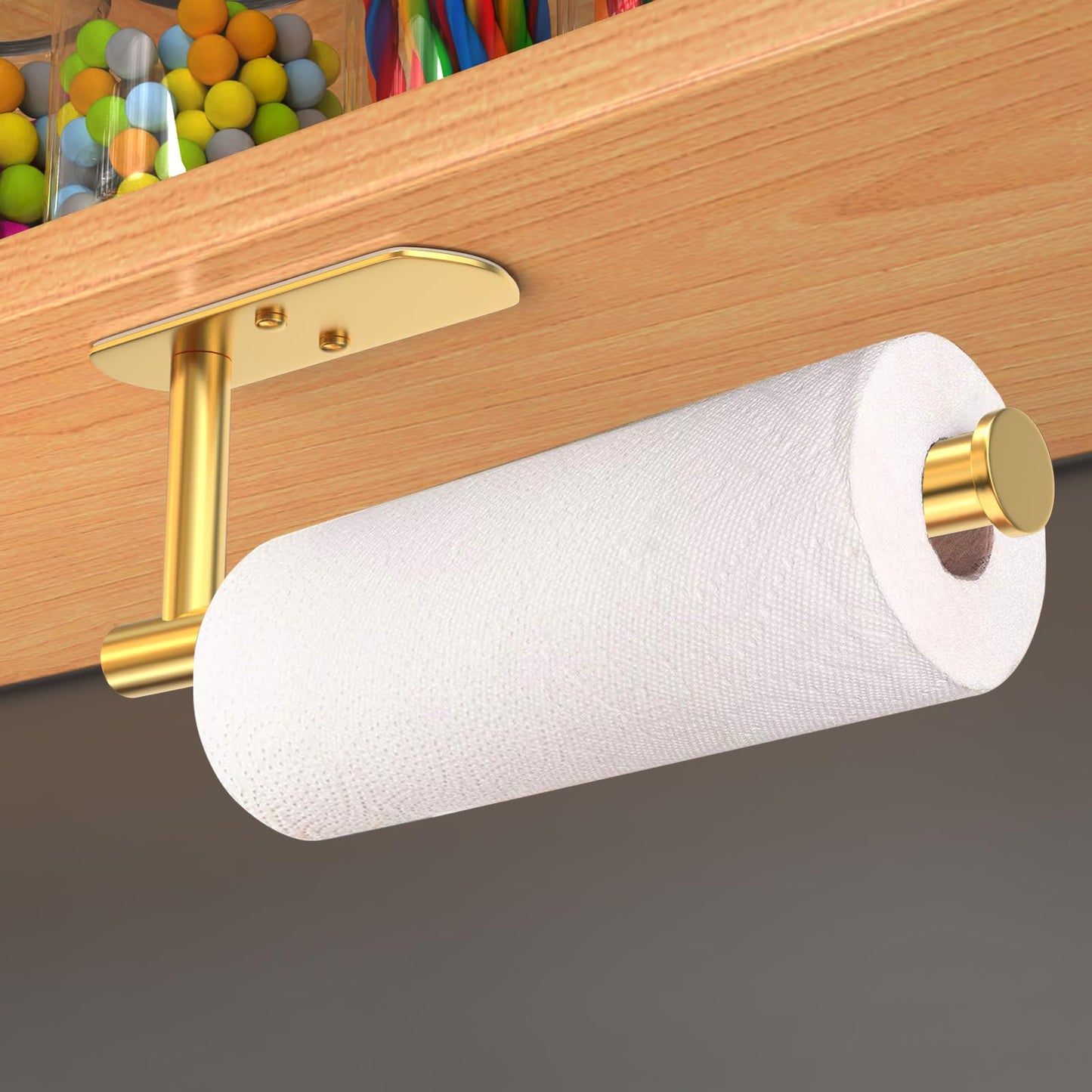 VAEHOLD Self Adhesive Paper Towel Holder – Under Cabinet or Wall Mount, SUS304 Stainless Steel, Gold for Kitchen & Bath