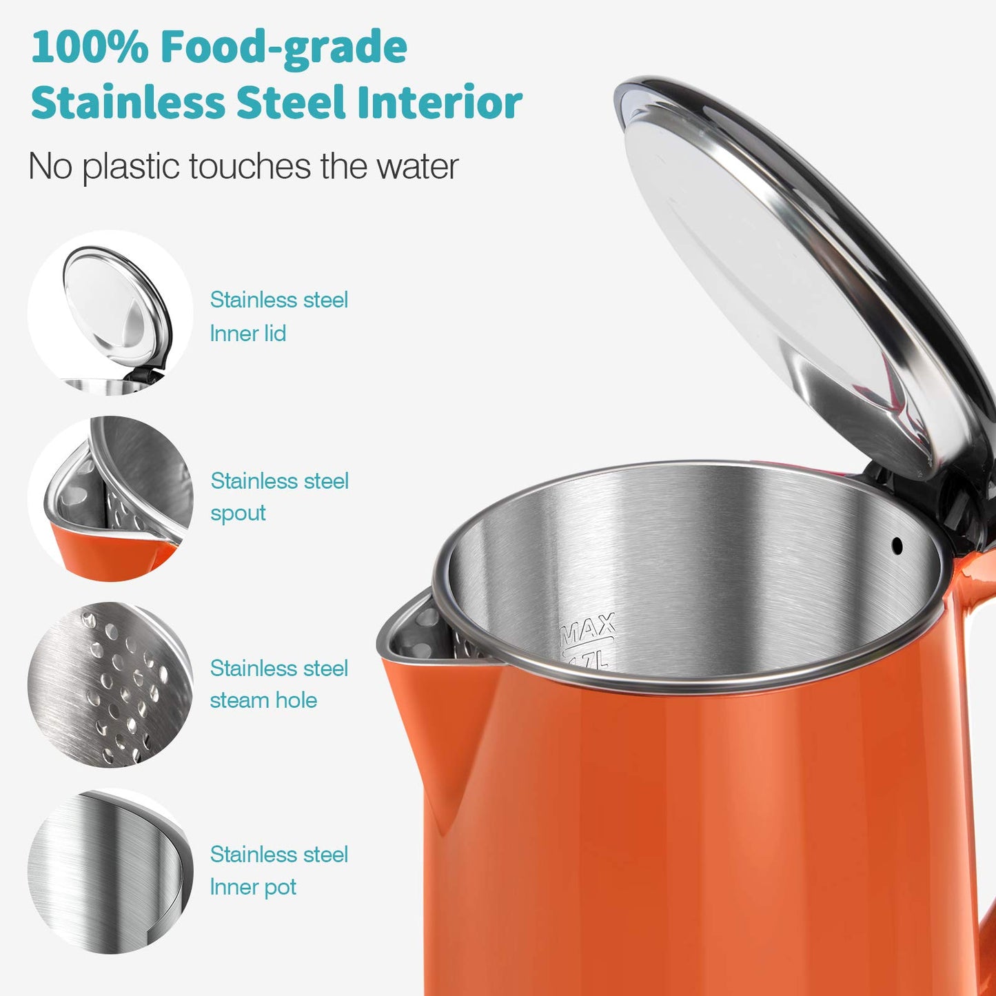 Secura Original Stainless Steel Double Wall Electric Water Kettle 1.8 Quart with Auto Shut-Off & Boil-Dry Protection, Orange SWK-1701DO/HB-3227B