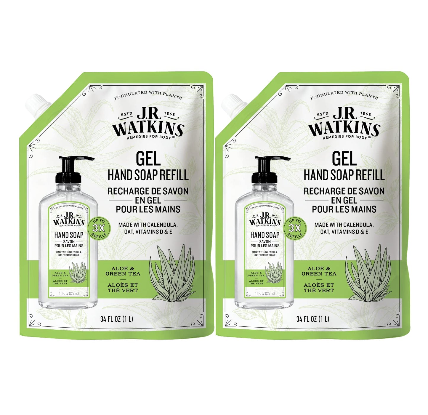 J.R. Watkins Gel Hand Soap Refill Pouch, Scented Liquid Hand Wash for Bathroom or Kitchen, USA Made and Cruelty Free, 34 fl oz, Aloe & Green Tea, 2