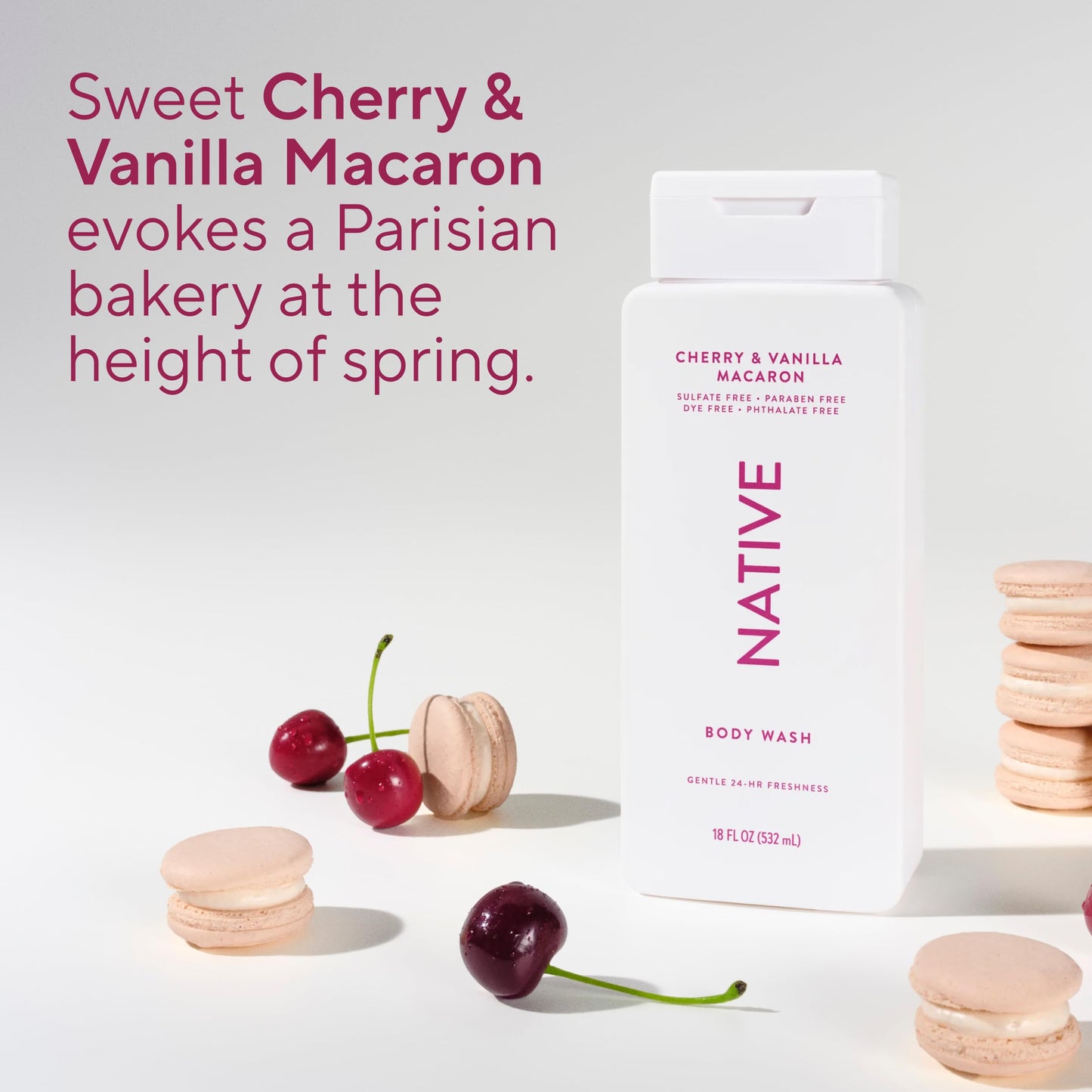 Native Cherry & Vanilla Macaron Scent 24-Hr Refreshing Clean Body Wash for Women & Men, All Skin Types Incl. Sensitive, Leaves Skin Feeling Clean