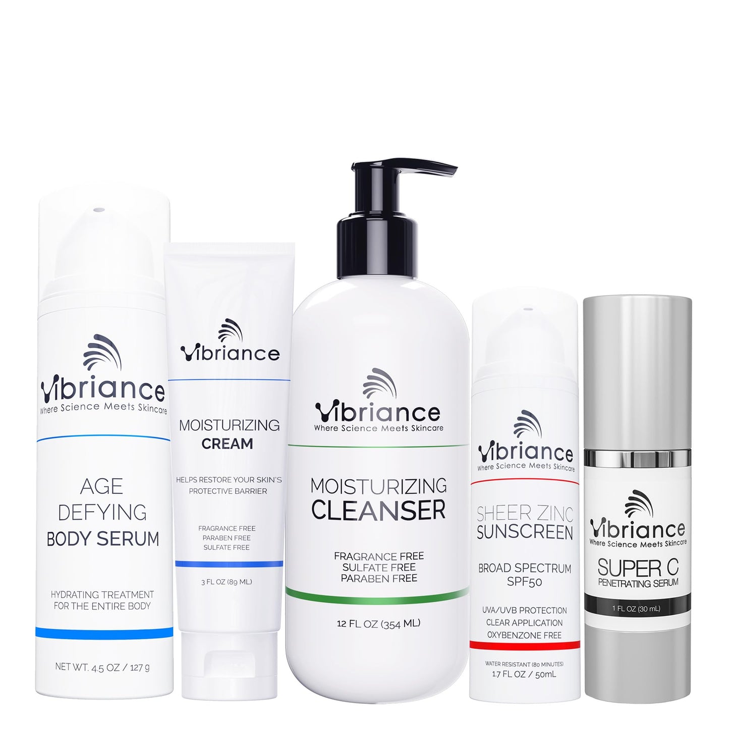Vibriance Premium Skincare Bundle | Super C All-in-One Serum, Face Cleanser, Moisturizing Cream, Sheer Zinc Sunscreen SPF 50, Age Defying Body Creme