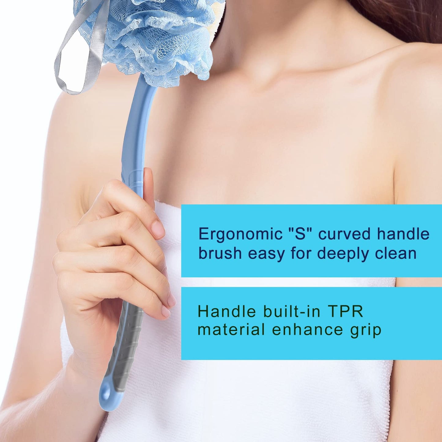 Back Scrubber Brush,TEGOOL Body Bath Shower Brush with Bristles and Loofah/Mesh Sponge,16 Inches Long Handle Built-in TPR Material Non-Slip