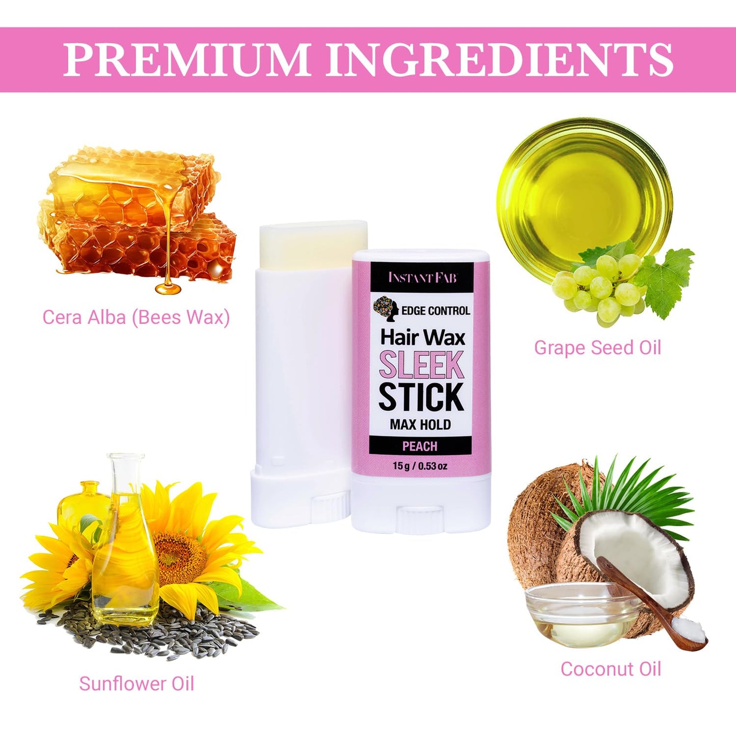 STUDIO LIMITED Instant Fab Edge Control Hair Wax Stick - Max Hold Non-greasy Styling Pomade for Sleek Flyaways and Hair (Peach, 0.53oz/15g)