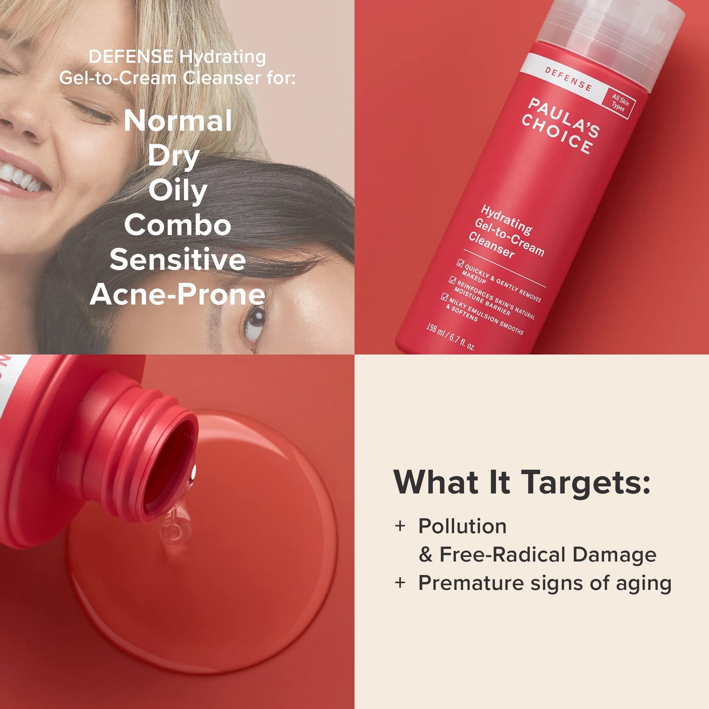 Paula's Choice-DEFENSE Hydrating Gel-to-Cream Facial Cleanser with Green Tea, Licorice, Aloe & Soy, Anti-Pollution and Free Radical Damage Protection