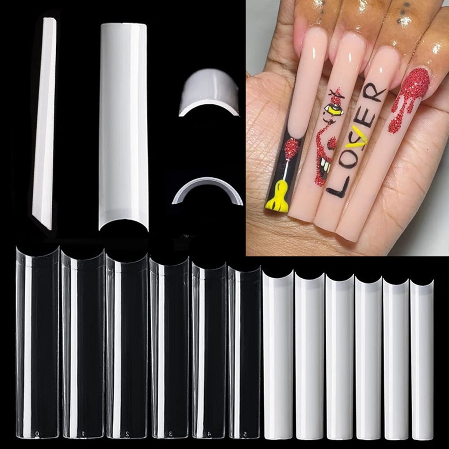 Yimart 500pcs No C Curve XXXL Square Straight False Nail Tips - Half Cover Clear Natural Extra Long Fake Nails (Skin color)