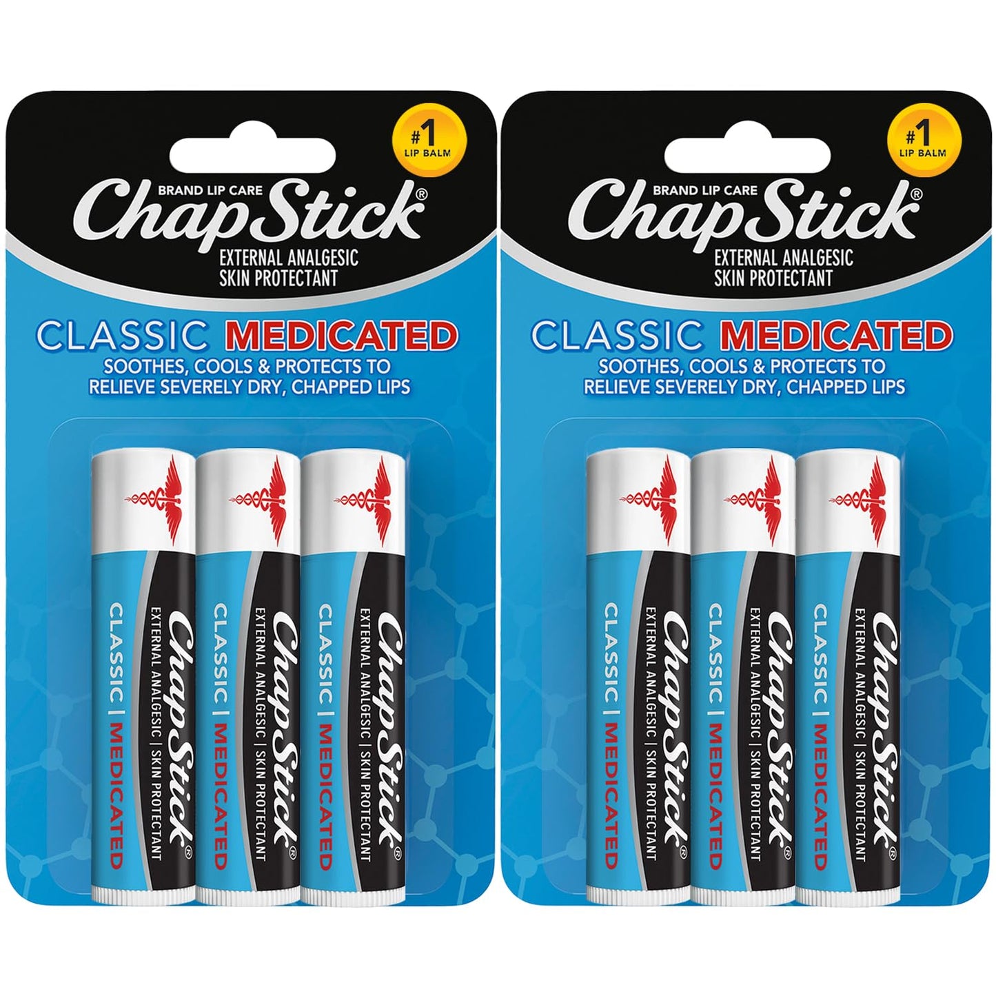 ChapStick Classic Medicated 3-Pack (2 Sets/6 Tubes) - Moisturizing Lip Balm, Dry Lips & Cold Sore Pain Relief Bundle, 0.15 Oz Ea