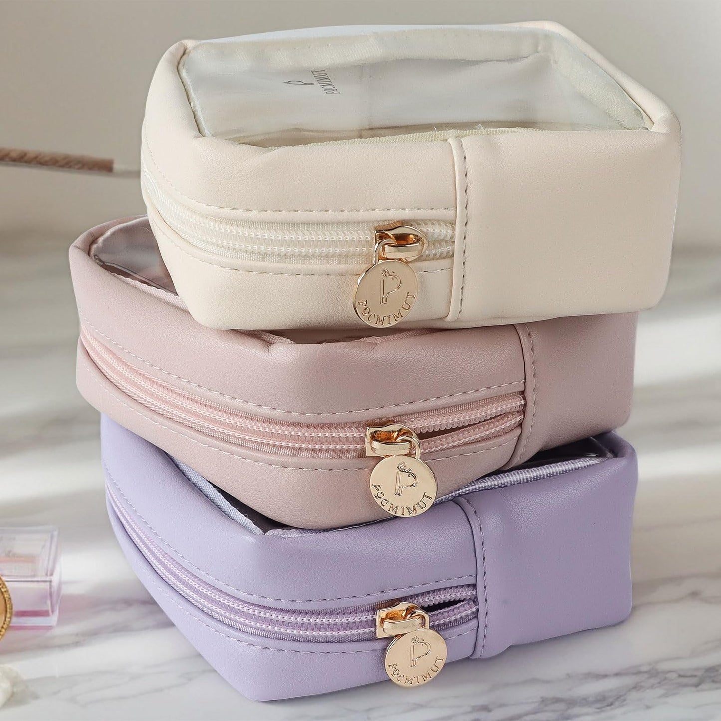 Pocmimut Mini Makeup Bag – Clear Travel Cosmetic Pouch, Toiletry Organizer for Women, Cute Purse & Car Accessories, Beige