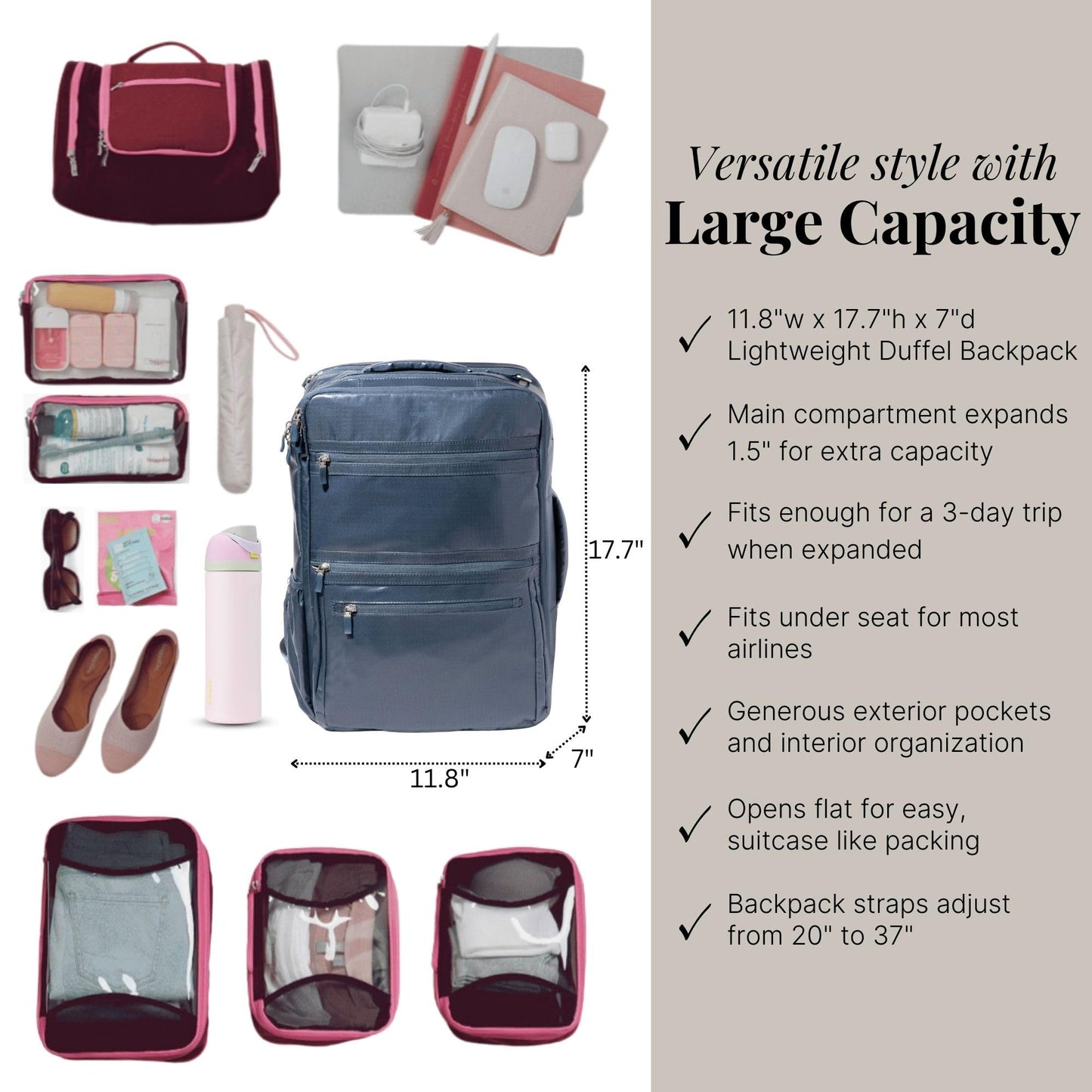 Baggallini Modern Convertible Travel Backpack - Lightweight 11.8"x17.7"x 8.5" Duffel Weekender w/Laptop Pocket