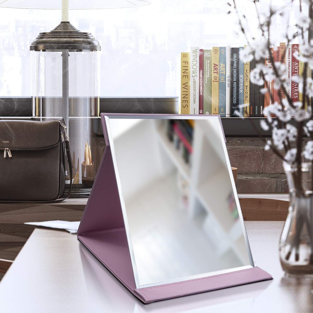 LONGSHENG - SINCE 2001 - Protable PU Leather Mirror Folding Desktop Makeup Mirror with Adjustable Stand for Personal Use,Travelling (L, Pink)