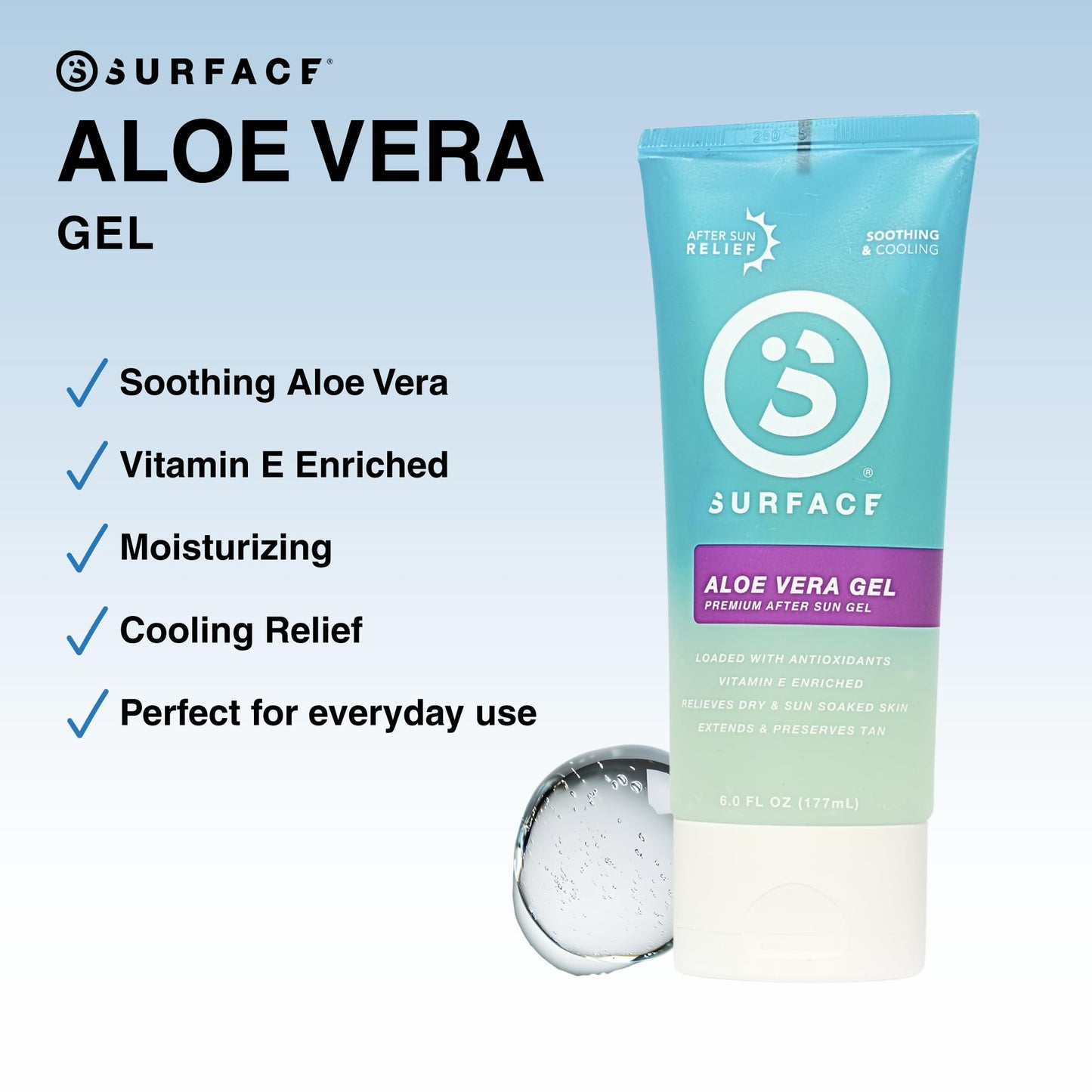 Surface Aloe Vera Gel, Sunburn Relief and After Sun Care, Cooling Hydrating Gel for Face and Body, Non-Greasy Fast-Absorbing Moisturizer for Post Sun