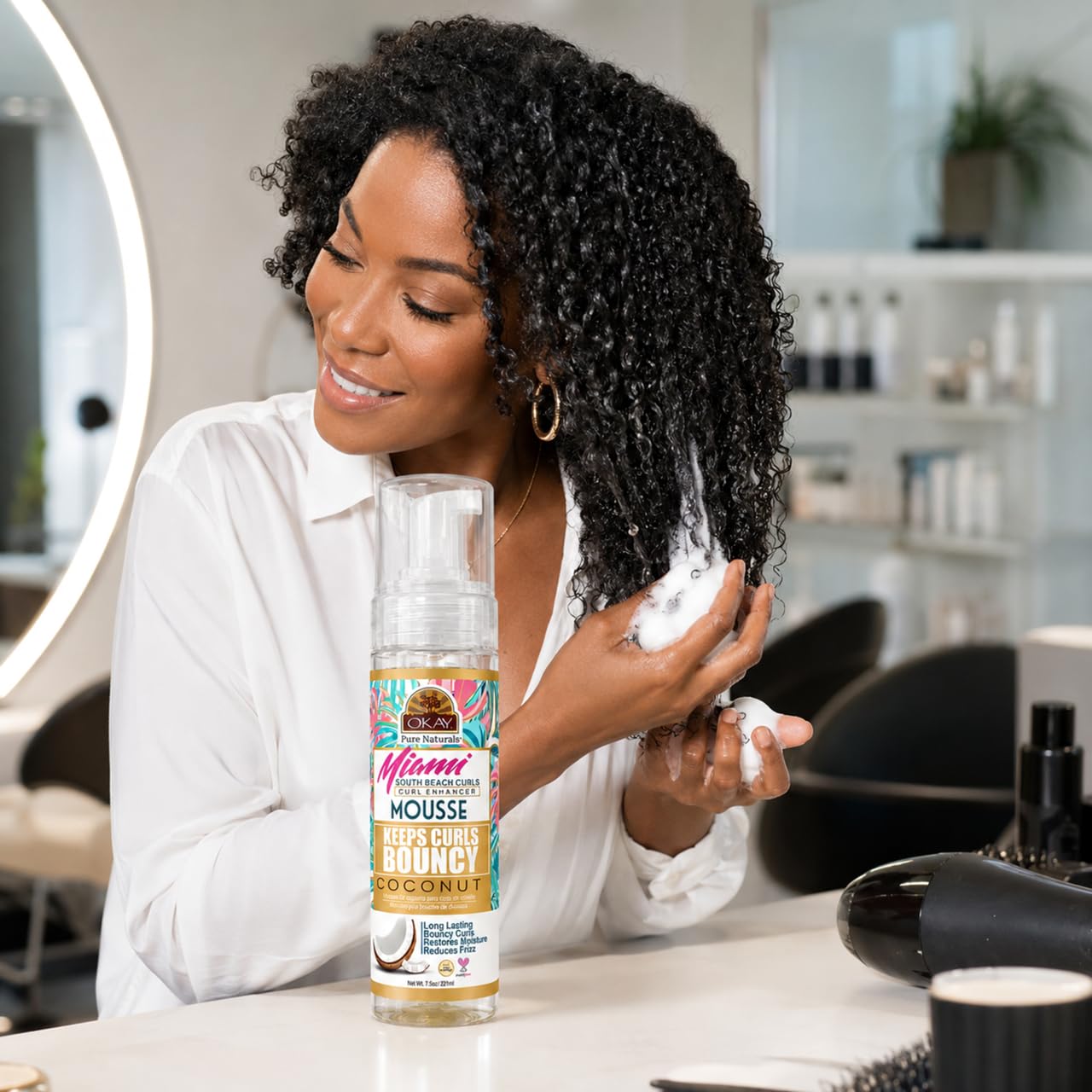 OKAY Miami South Beach Curls Curl Enhancer Mousse 7.5 oz - Lightweight Curl Defining Hair Styling Foam with Coconut Oil & Aloe Vera for Frizz Control