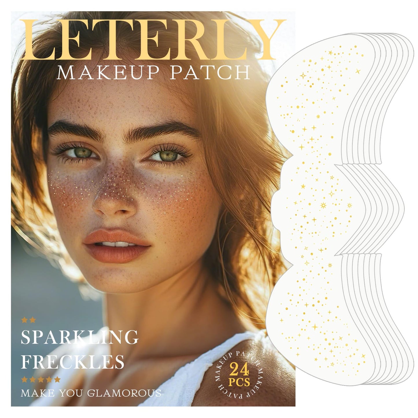 Leterly 24 Pcs Glitter Freckles Face Tattoo,Gold Face Glitter Makeup Patches Cute Sparkle Freckles Patches Waterproof Makeup Speckles for Face