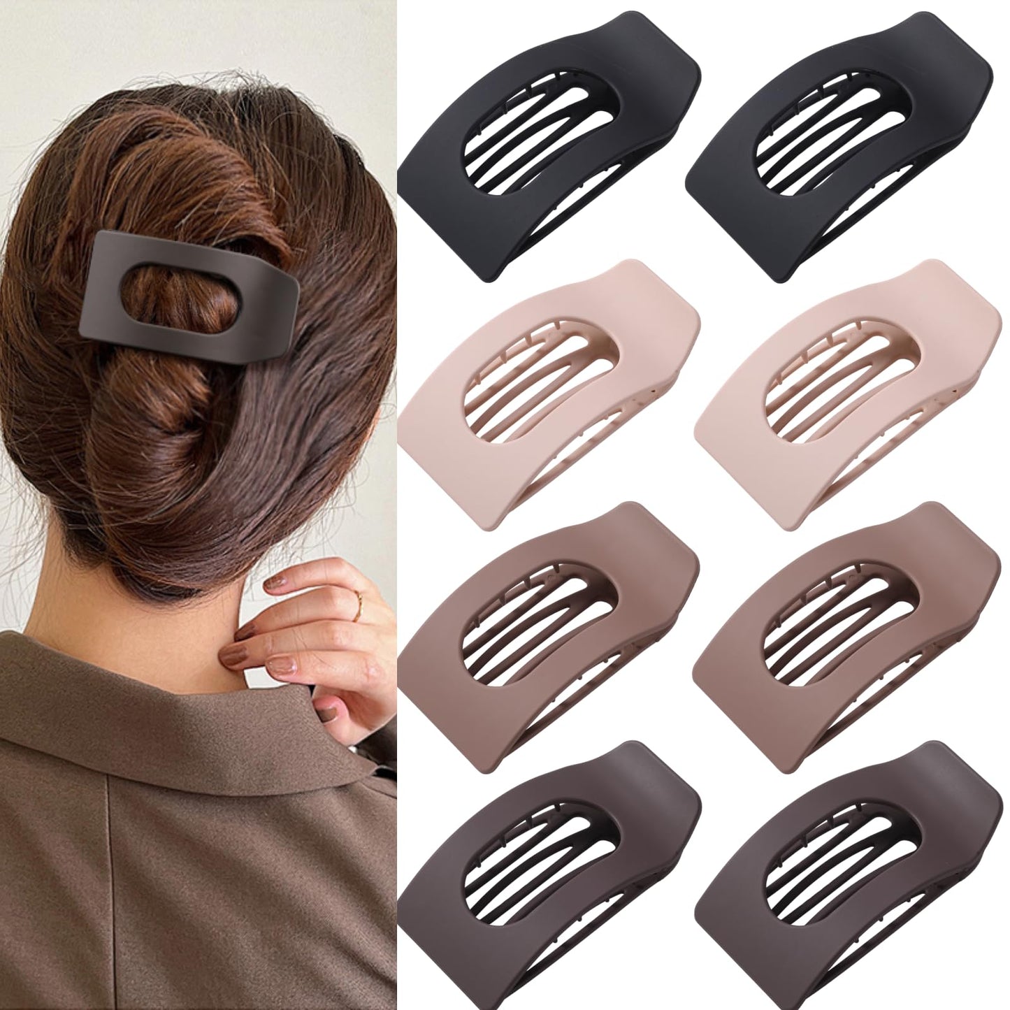 8 Pack Neutral Flat Hair Clips for Women - Large Matte No-Slip Rectangle Claw Clips Thick & Thin Hair in Brown, Black, and Blonde, Strong Hold Square Beauty and Personal Care Drealoe Default Title