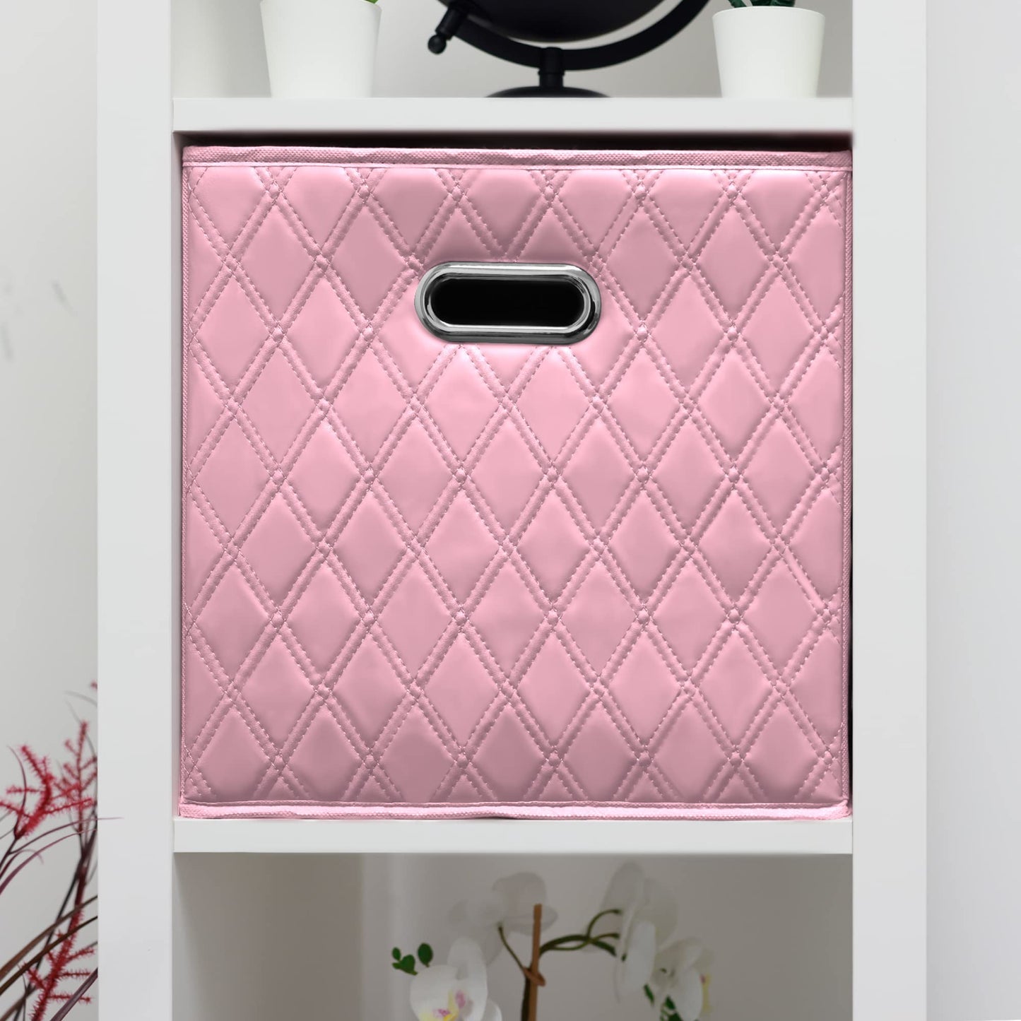 JIAessentials Small 11-inch Foldable Diamond Patterned Faux Leather Storage Cube Bins Set of Four with Handles with Dual Handles for living room…