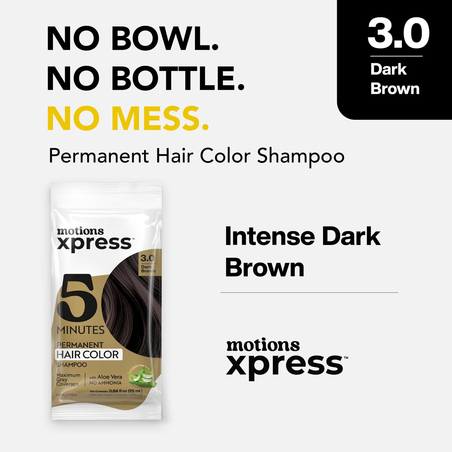 Motions Xpress Permanent Hair Color Shampoo Dark Brown - 5 Minute Color, Gray Coverage, Ammonia Free, Deep Shine Hair Dye Shampoo, 0.84 Oz