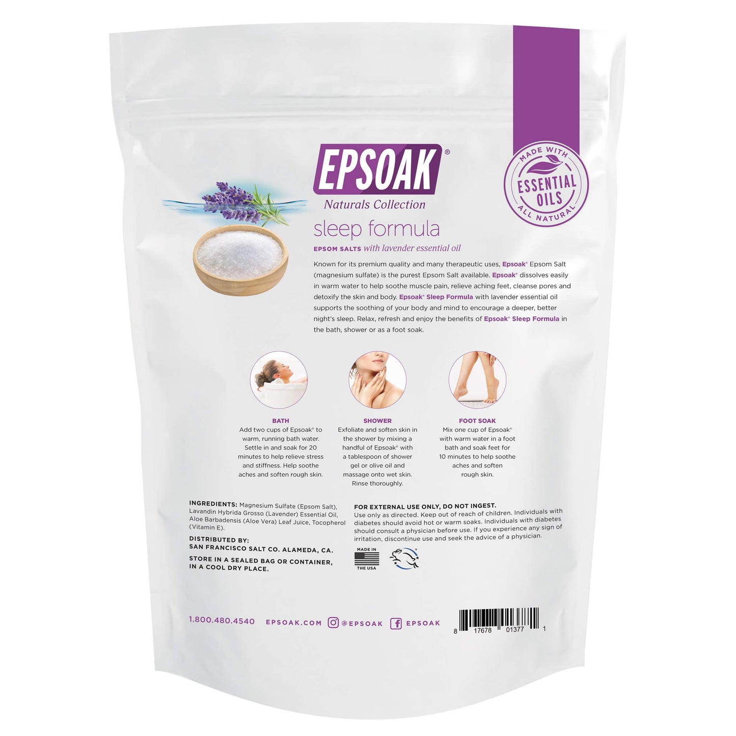 Epsoak Epsom Salt 12 lb. Magnesium Sulfate USP. (Qty. 6 x 2lb. Bag), Lavender Sleep Formula, Resealable Epsom Salt Bag, Made in The USA, Cruelty-Free Beauty and Personal Care Epsoak
