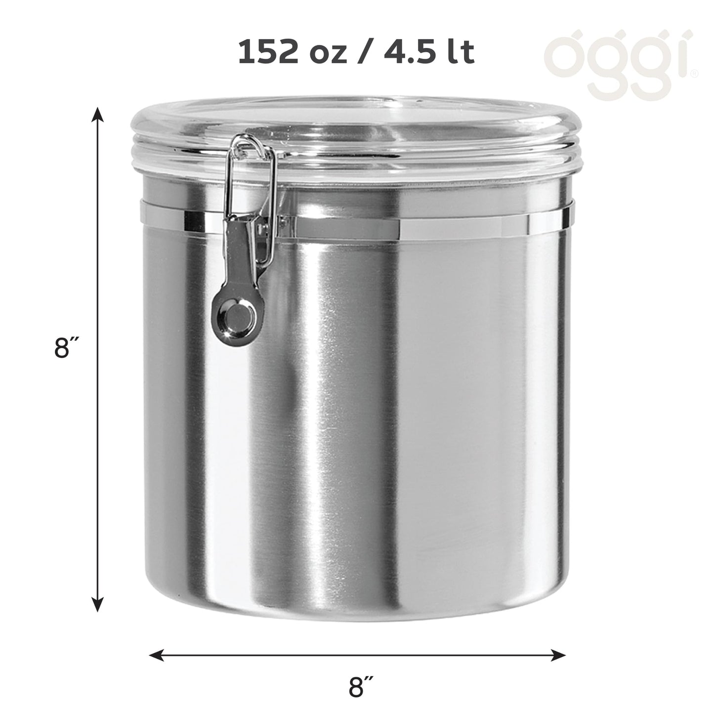 Oggi Stainless Steel Kitchen Canister 152 fl oz - Airtight Clamp Lid, Clear See-Thru Top - Ideal for Kitchen Storage, Food Storage, Pantry Storage.…