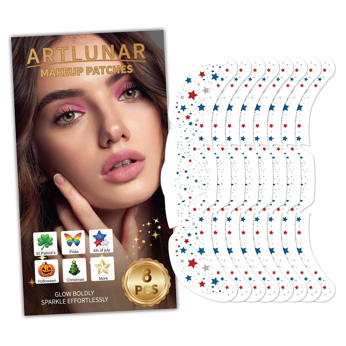 Artlunar 8 Pcs Red White Blue Star Freckle Stickers with Silver Glitter Powder for Face, 4th of July Glitter Face Stickers for Women Kids, Patriotic