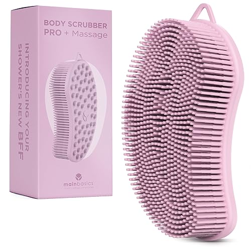 MainBasics Silicone Body Scrubber Dual-Sided Shower Loofah and Massaging Nodes (Pink, Massage)