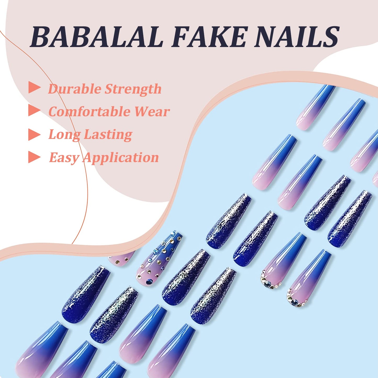 BABALAL Coffin Press on Nails Long Fake Nails with Nail Glue Blue Purple Glue on Nails 24Pcs Glitter Acrylic Nails Ballerina Stick on Nails