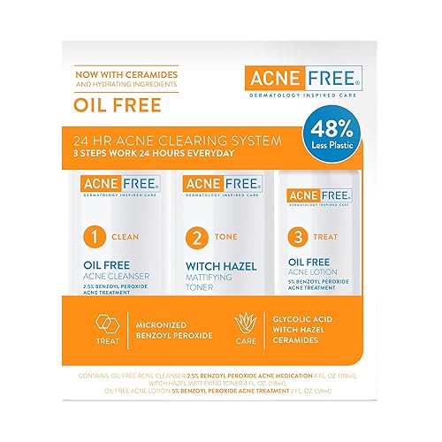 Acne Free 3 Step 24 Hour Acne Treatment Kit - Clearing System W Oil Free Acne Cleanser, Witch Hazel Toner, & Oil Free Acne Lotion - Acne Solution W