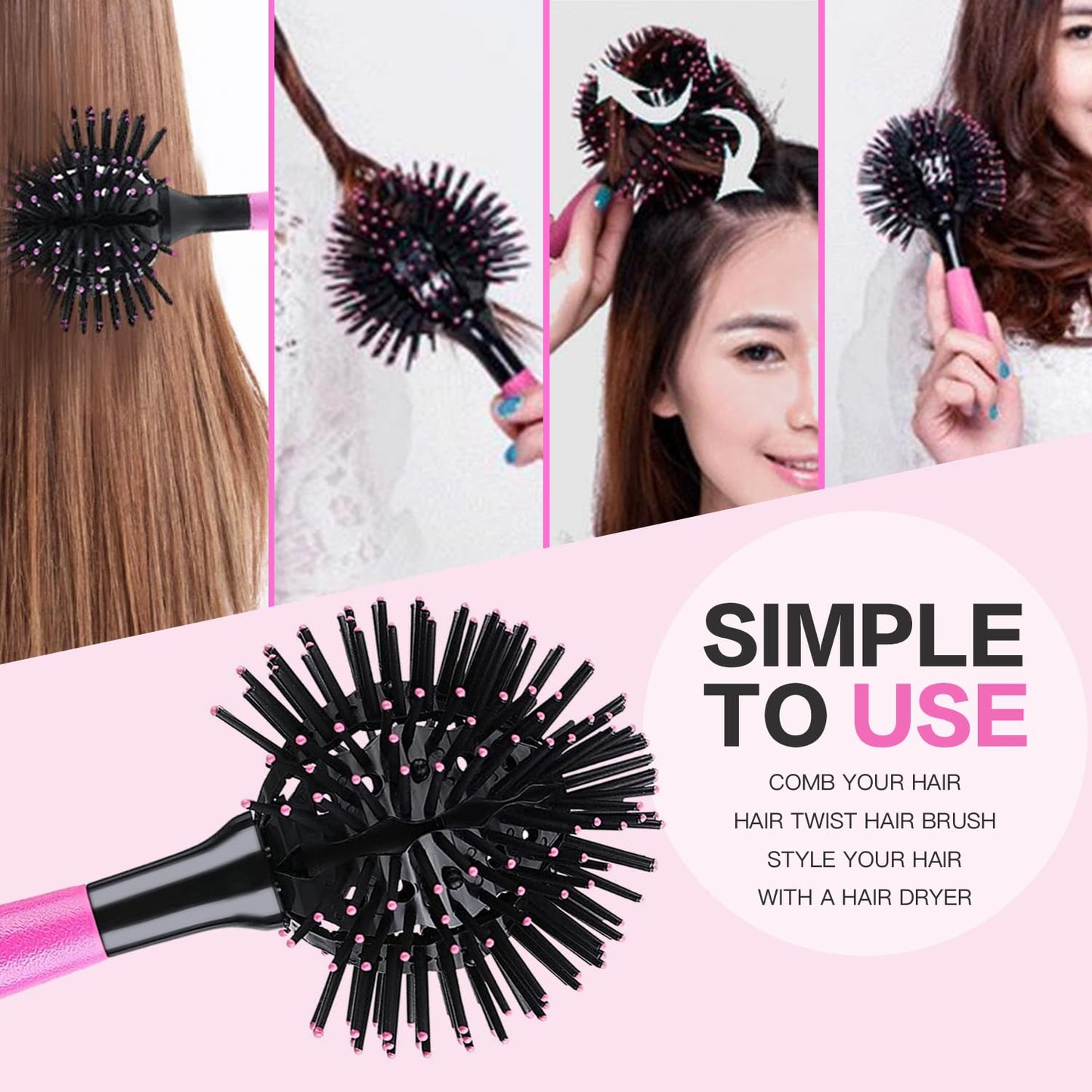 3D Bomb Curl Hair Brush 360° Round Styling Hair Brush Detangling Hairbrush Spherical Ball Brush Salon Round Hair Curling Curler and Wide Tooth Comb