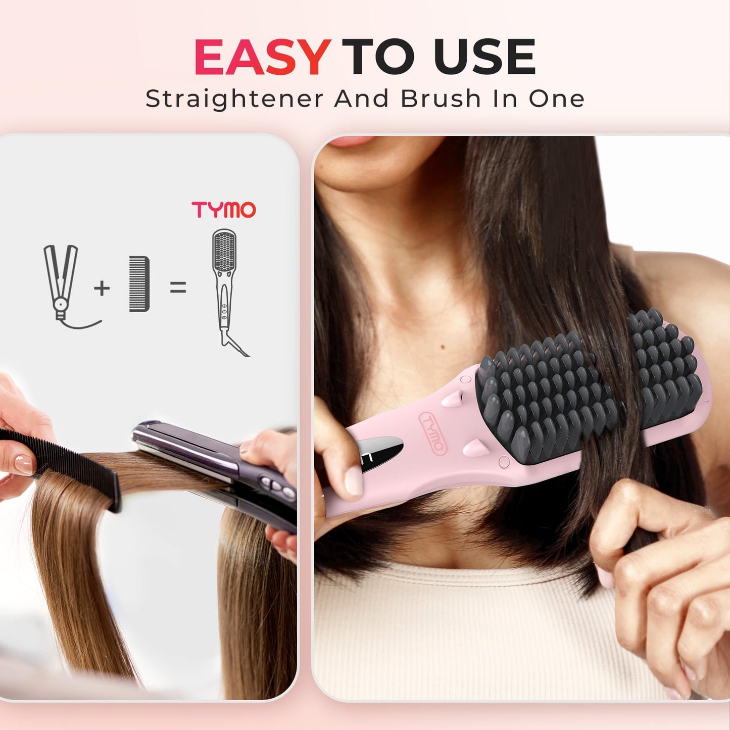 TYMO Ionic Hair Straightener Brush - Straightening Comb with 10M Negative Ions, 25s Heat-up, 16 Temps, Dual Voltage, LED Display | Ceramic Hot Comb
