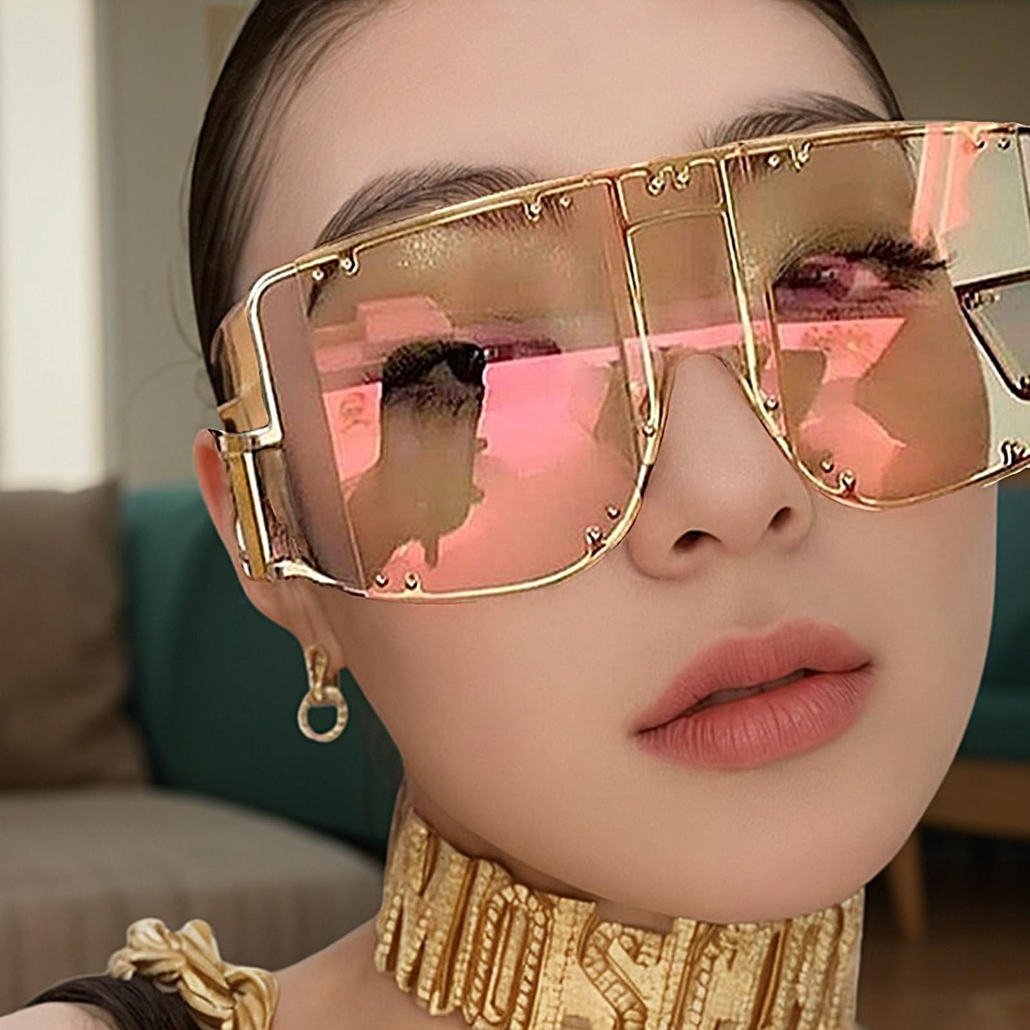 COTIA/Fashion Square Sunglasses Women New Oversized Mirror Men Shades Glasses Luxury Brand Metal Rivet Fashion Female Eyewear (gold clear)