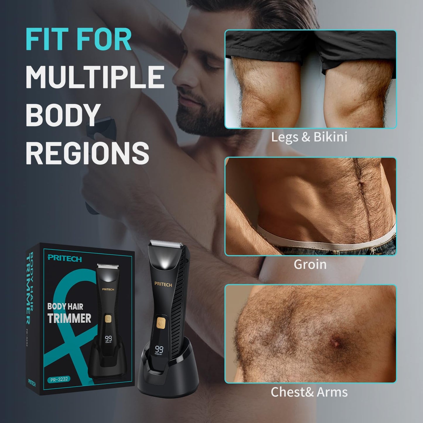 PRITECH Manscape Body Hair Trimmer - Waterproof Pubic Hair Ball Trimmer, Ceramic Blade Shavers Electric Razors for Men with USB-C Charging, Wet/Dry Beauty and Personal Care PRITECH