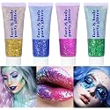 DBEAUTYM 4 Colors Body Glitter Gel, Face & Body Sparkling Holographic Gel, Long Lasting Chunky Sequins Glitters for Eye Lip Hair Nails, Festival Rave