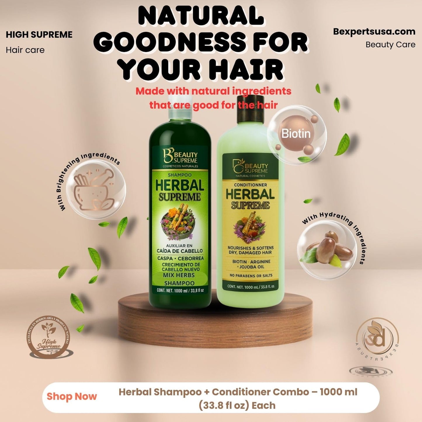 Herbal Shampoo + Conditioner Combo,1000 ml(33.8 fl oz)Each-W/Tepezcohuite,Nettle, Aloe Vera (Sábila),Neem, Rosemary,Horsetail & More-Natural Botanical
