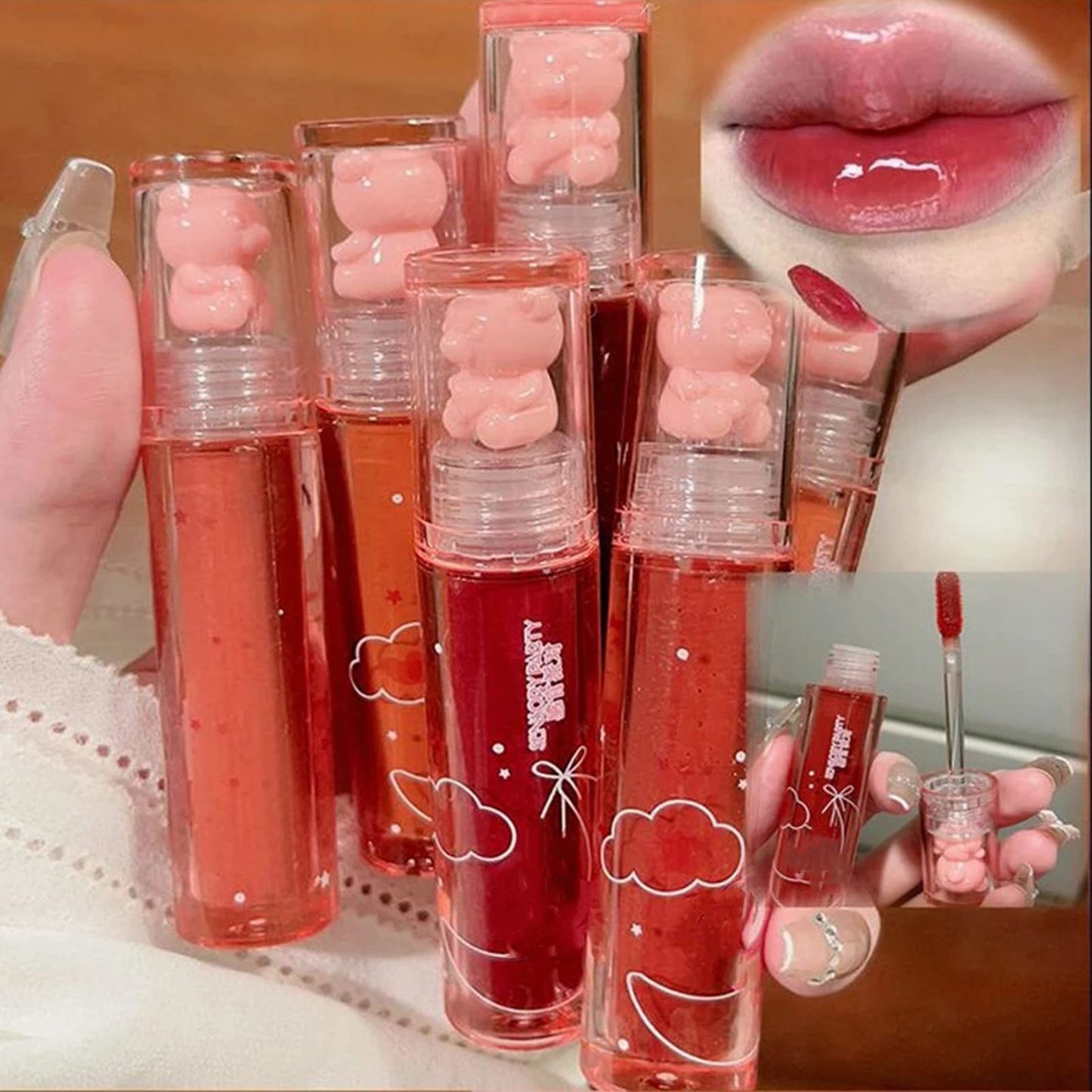 New Irven 2Pcs Bear Lip Glaze Jelly Lipstick,Liquid Lipstick Cute Bear Lipgloss Moisturizing Lip Stain Plumping Water Lip Gloss Waterproof Long
