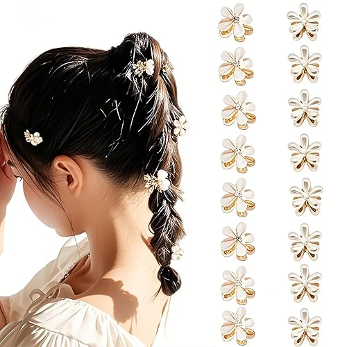 Doromy 16Pcs Small Faux Pearl Hair Claw Clips with Mini Crystal Floral Accents - Sweet Artificial Barrettes for Women and Girls Hair Clips