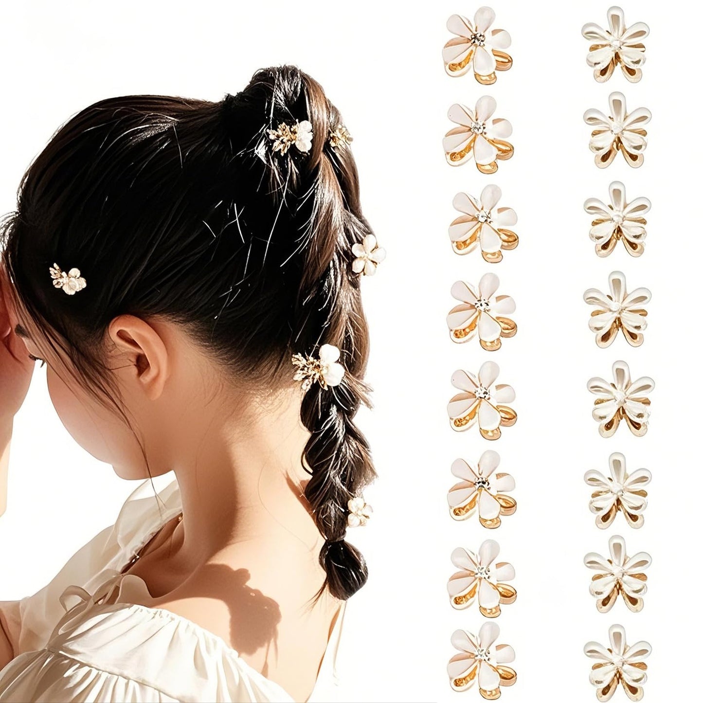 Doromy 16Pcs Small Faux Pearl Hair Claw Clips with Mini Crystal Floral Accents - Sweet Artificial Barrettes for Women and Girls Hair Clips