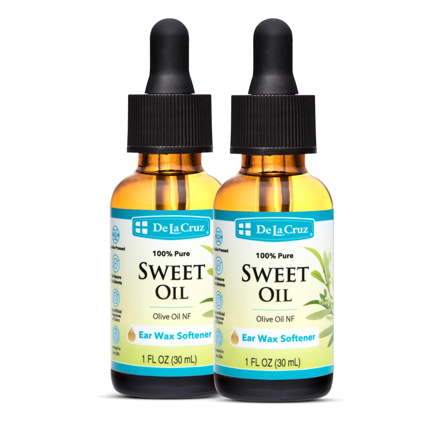 De La Cruz Ear Wax Remover and Earwax Softener, 100% Pure Sweet Oil for ears, Gentle and Natural Ear Oil - 1 Fl OZ - 2 Pack