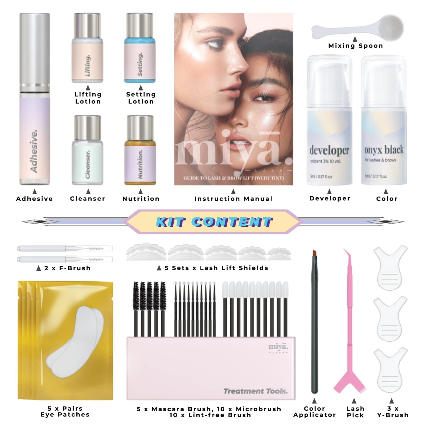 MIYA LASH Lift & Brow Lamination Kit | Black, Voluminous Eyebrows & Eyelashes Color | Professional 8 Weeks Result | LVL, Perm, Laminate | Keratin Brow