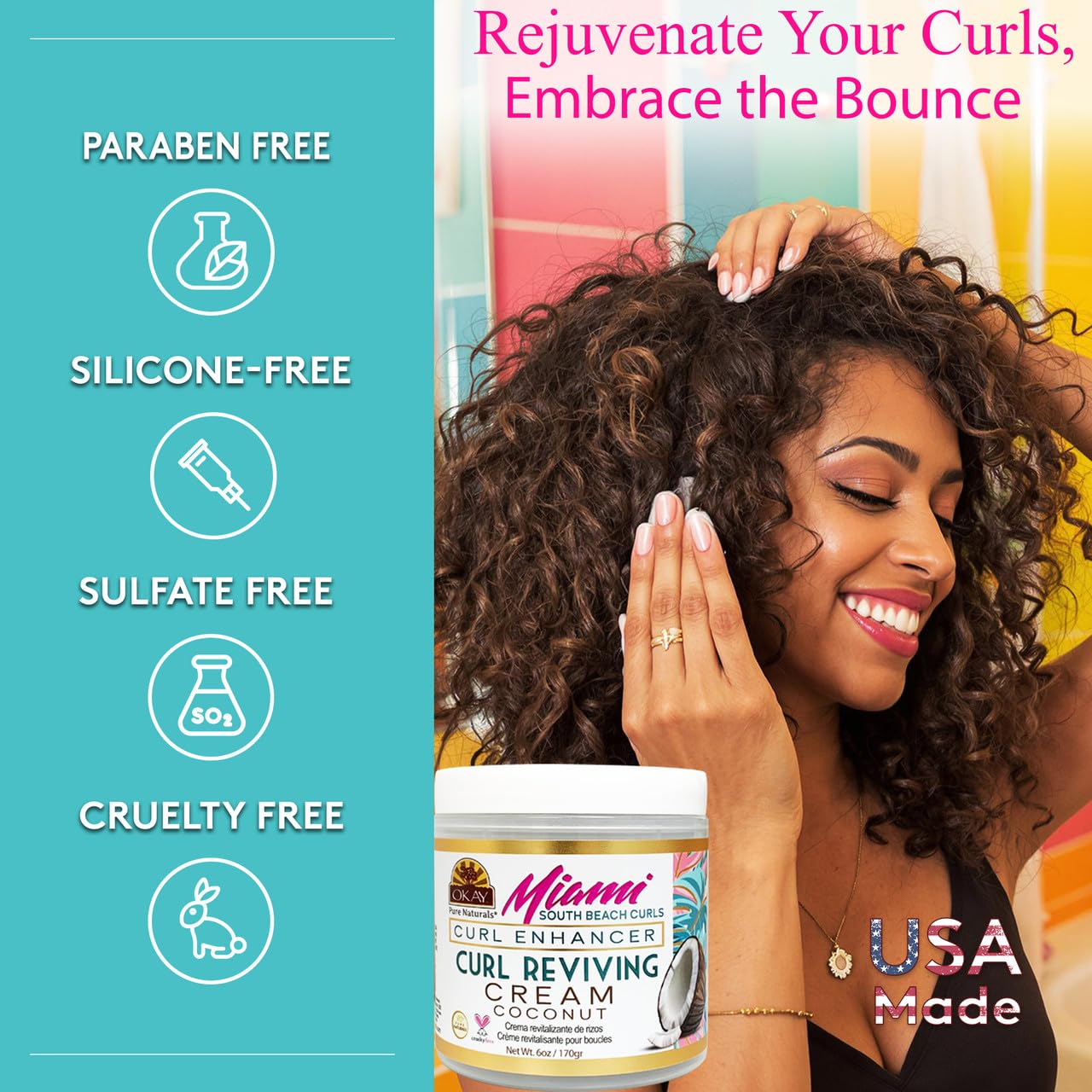 OKAY Miami South Beach Curls Curl Revival Cream 6 oz - Curl Enhancing Styling Cream for Curly, Coily & Wavy Hair, Frizz Control Moisturizing Curl