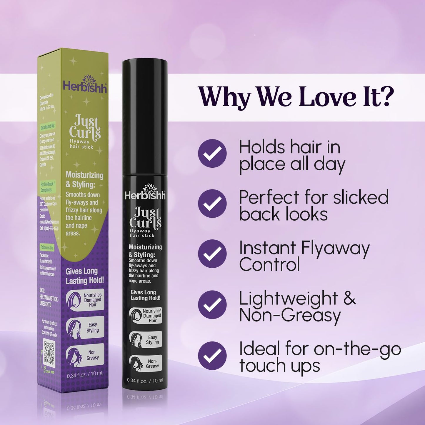 Herbishh Just Curls Flyaway Hair Stick, Quick Hair Finishing Stick for Flyaways, Frizz Control, & Slick Back Look, Non-Greasy Smoothing Serum & Frizz
