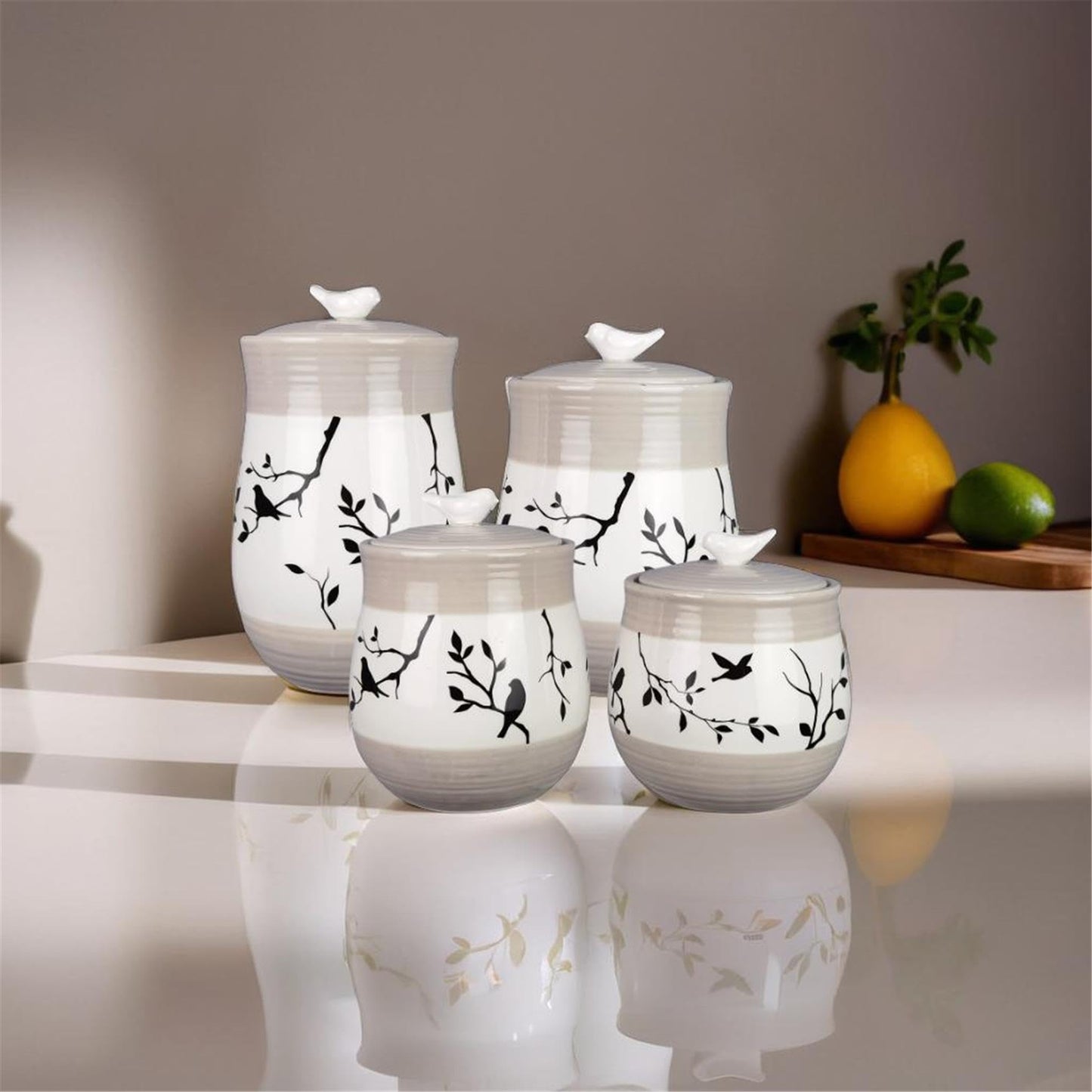 Young's Inc. 4 Pcs Set Botanical Ceramic Canisters- Storage Container for Kitchen and Bathroom - Beautiful Home Decor Accent to Store Food, Coffee…
