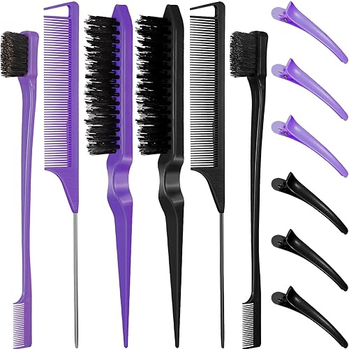 12 Piece Nylon Brushes Set for Grooming - Salon Teasing Brush, Double-Sided Edge Brush, Smooth Comb, Rat Tail Combs with Duckbill Clips for Women