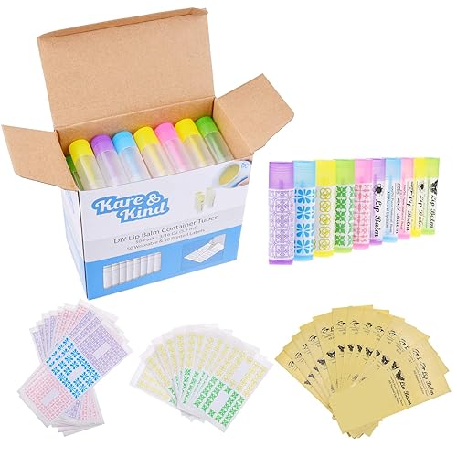 Kare & Kind DIY Lip Balm Container Tubes - 50-Pack (10x5 Colors) - Including 50 Writeable & Printed Lip Balm Stickers - Twist Mechanism and a Cap