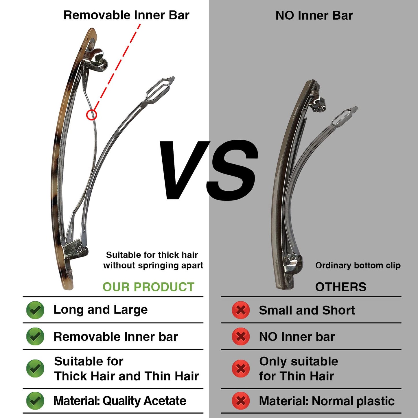 HYFEEL Long French Barrettes for Women Simple Classic Acrylic Resin Hair Clips Tortoise Shell Skinny Large 4 inch No-slip Grip Automatic Clasp Clamp