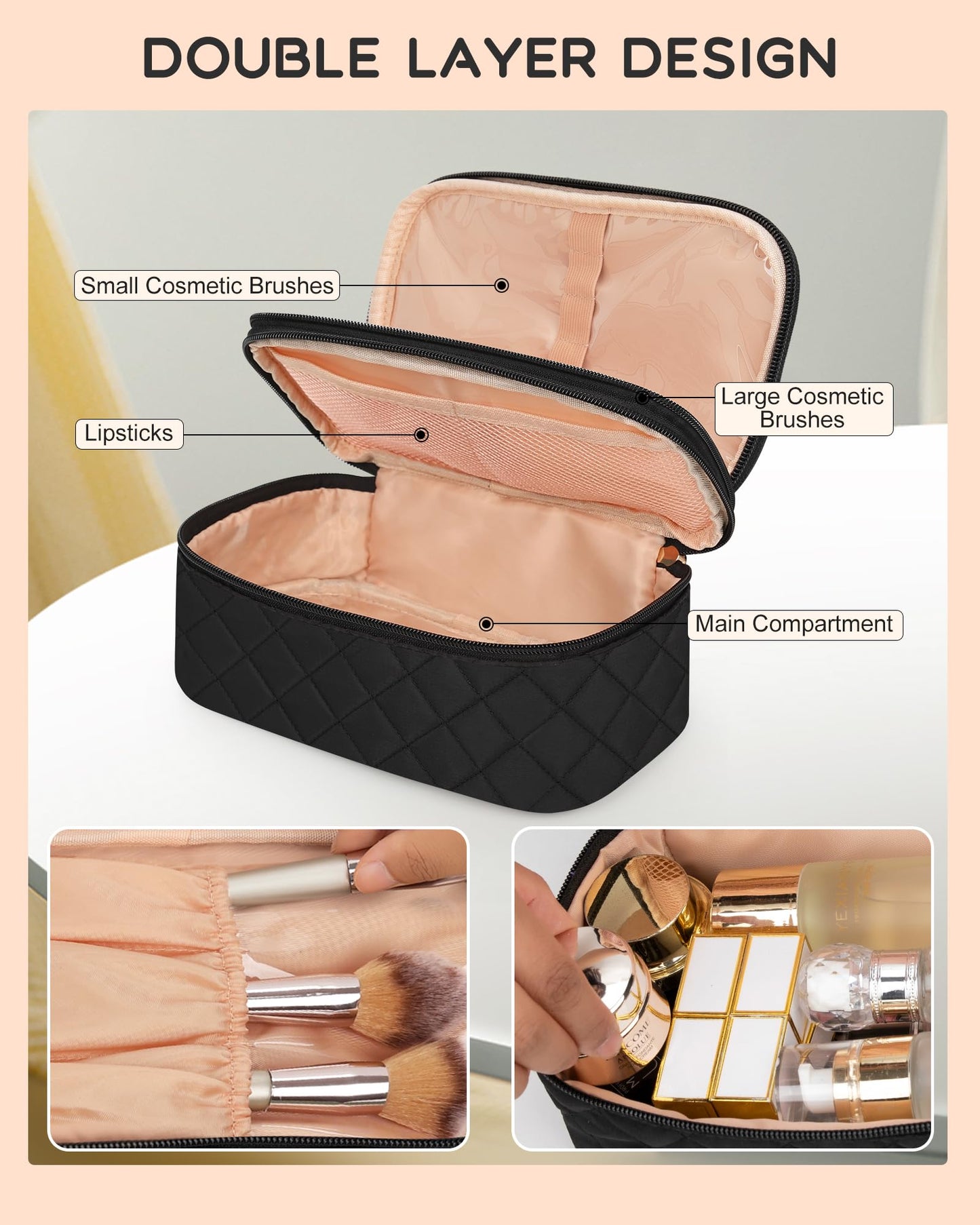 Relavel Travel Makeup Bag, Small Makeup Bag for Women, Makeup Organizer Pouch, Compact Cosmetic Bag, Double-layer Makeup Bag with Brush Holder Beauty and Personal Care Relavel